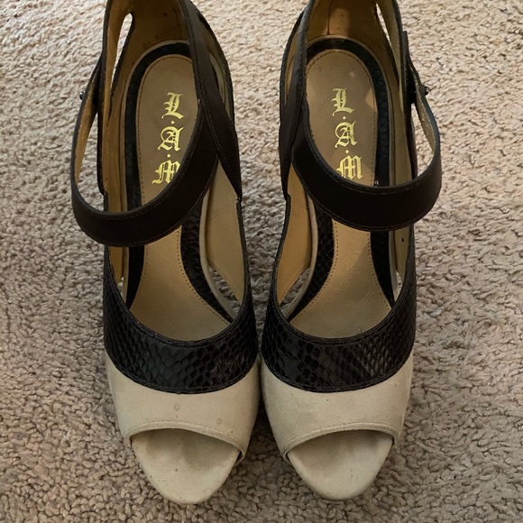 LAMB Taupe & Python Print Leather Platform Sandals - Picture 2 of 5